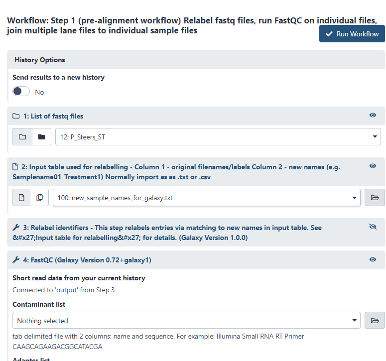 Select list of fastq files for number 1 and select the table of new names for number 2, then click 'Run Workflow'