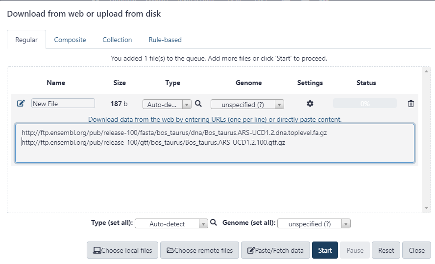 Paste each URL on a new line to upload directly from ENSEMBL to Galaxy.